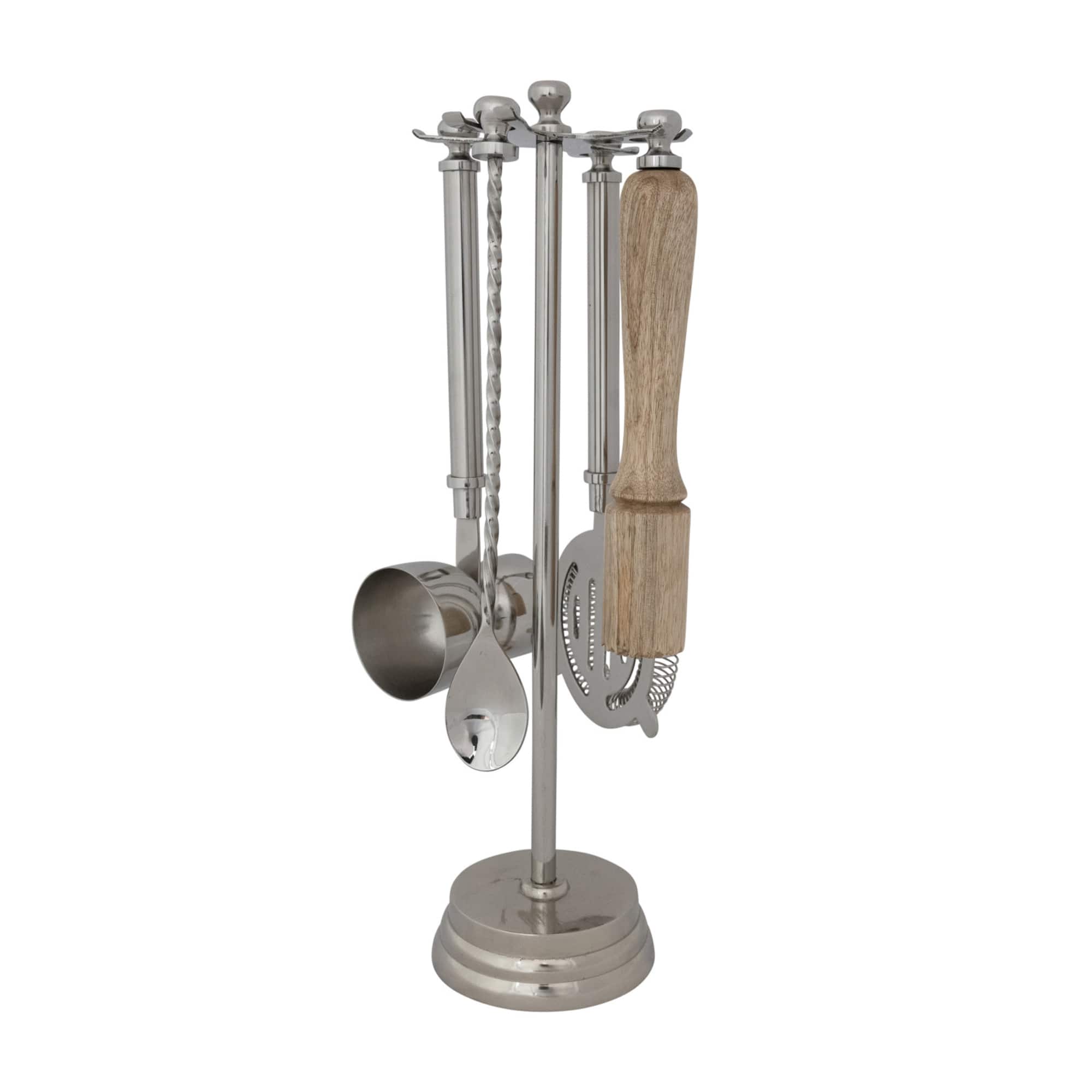 Hello Honey 5-Piece Stainless Steel and Mango Wood Bar Tools with Stand, Nickel Finish and Natural